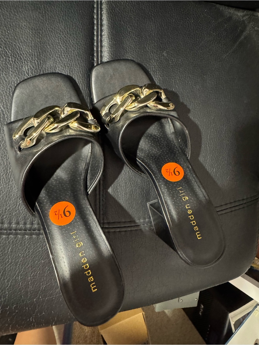 Madden Girl Black Slide Mules with Gold Chain